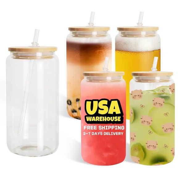 US CA Stock 16oz Sublimation Verre Tasses En Forme De Bouteille D'eau Givrée Claire Gobelets Jus Soda Tasses 0330