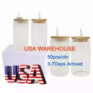 US Ca Stock 2 -daagse levering 16 oz DIY Blanco Sublimation Can Tumblers Vormige bierglasbekers met bamboe -deksel en stro voor ijskoffie -frisdrank 0926 0425