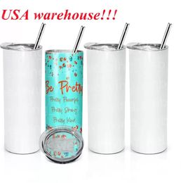 US CA VOORRAAD 20 oz Lege Witte Sublimatie Tuimelaars Plastic Stro Deksel Rvs Water Cups Voor Kinderen Adutls DIY Geschenken 1116