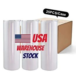 US Ca Stock 20oz Spaties Witte sublimatiemokken Waterfles Drinkware Roestvrij stalen tuimelaars met plastic stro en deksel nieuw 0516 4.23