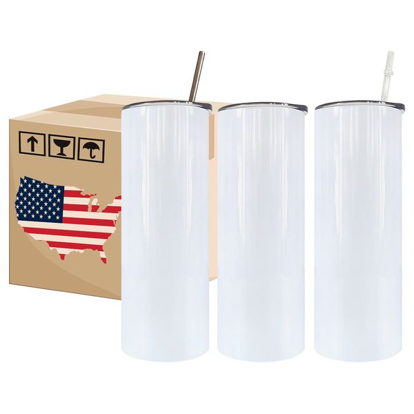 US / CA Stock 20 oz Botellas de agua de acero inoxidable Sublimación Vasos en blanco Tazas de té de café delgadas rectas con tapa y pajita de plástico Tazas para acampar al aire libre ss0515