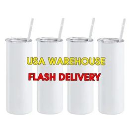 US CA STOCK 20oz STRAIGHT Tumblers Sublimación en blanco Taza delgada Tazas de café con tapa y jarras de cerveza de paja de plástico