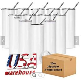 US CA STOCK 20Oz Sublimation Tumblers With Plastic Straw Stainless Steel Straight Blank Coaster Mugs Outdoor Doubel Wall Thermos Cups Us/Ca Local Warehouse 4.23 0516