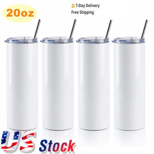 US CA Stock 20 oz Sublimación blanca Vaso recto Espacios en blanco Taza doble 304 con paja Taza de vacío de acero inoxidable Botella de agua Máquina de prensado en caliente Impresión por sublimación