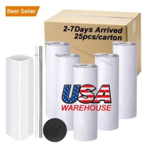 US CA Stock 25pc/Carton 20oz Sublimatie Tumbler fles Blanco roestvrijstalen tuimelaar Diy rechte bekers vacuüm geïsoleerd 600 ml auto koffiemokken nieuw