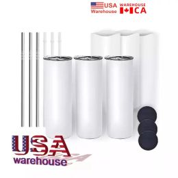 US CA Stock Sublimación de bricolaje Tumbler 20OZ Tumblers rectos de metal Paja de acero inoxidable Tazas de viaje aisladas de vacío delgada JN24