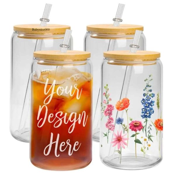 US CA Stock Oz sublimation en verre tasses de bière avec bambou couvercle de paille gobelers diy blancs givrée claire peut thermour tasses de queue