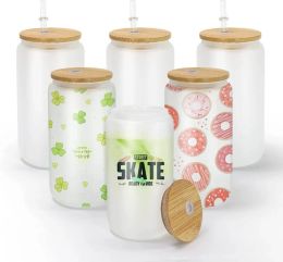 US/CA Stock Sublimation Canettes en verre de 16 oz avec couvercles en bambou Tasses à bière en paille réutilisables Gobelets en verre givré transparents Tasse de canette de soda