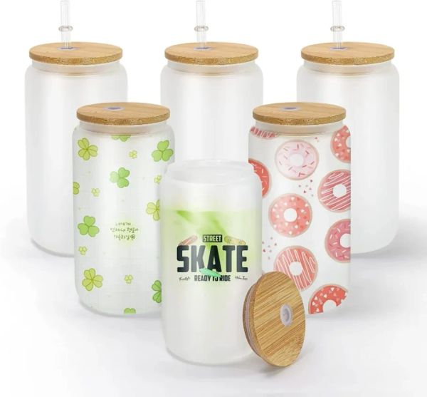 Sublimación en stock de EE. UU./CA, latas de vidrio de 16 oz con tapas de bambú, tazas de cerveza de paja reutilizables, vasos de vidrio esmerilado transparentes, taza de lata de refresco