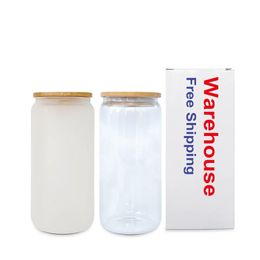 US/CA almacenados de 16 oz de sublimación Tazas de vidrio de vaso Topes con tapa de bambú y paja en blanco esmerilado de vidrio Botellas de agua Jugo Frascos para la impresión de bricolaje 0516