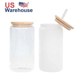 US CA almacenado 16 oz de sublimación de tazas de vidrio de cerveza Bottalas de agua de té transparentes en blanco esmerilado Tumblers para imprenta de bricolaje 0516