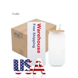Us/Ca Stocked 16Oz Sublimation Mugs Clear Frosted Single Wall Glass Tumblers With Bamboo Lid Bubble Tea Cups 0511 0514