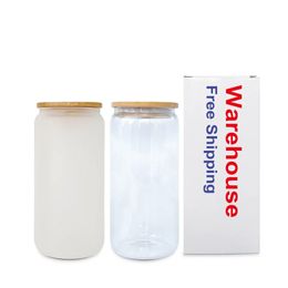 US/CA Stocked 16oz Sublimation Mugs Tumblers Cups with Bamboo Lid And Straw Clear Frosted Blanks Glass Water Bottles Juice Soda Jars For DIY Printing 0516