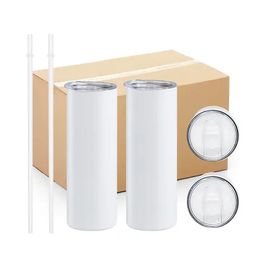 EE. UU. Ca almacenado 25pcs/cartón 20 oz Sublimación en blanco Vuelos blancos tazas de automóvil de acero inoxidable delgada de acero inoxidable con paja de plástico 0416