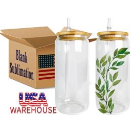US CA Warehouse 16oz blanco sublimatie mokken glas kan potten frisdrank bier koffiekopjes met dekselstraw tumblers 50 stks/doos