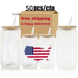US CA Warehouse 16Oz Custom Soda Glassware Iced Coffee Cup Drink Tumbler Mug Dinking Glasses Beer Can Glass With Lid Straw 0514