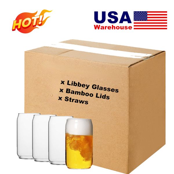 US/CA Warehouse-vaso de cristal para lata de cerveza Libbey, 16oz, con tapa de bambú y pajitas, vasos de cerveza personalizados para café helado y leche