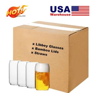US/CA Warehouse 16oz Libbey Can Glass Cup met bamboe -deksel en rietjes Aangepaste bierglazen voor ijskoffie Melk 0514