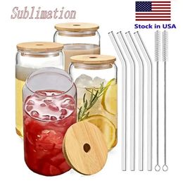 US CA Warehouse 16oz Mok rechtdoor lege sublimatie Frosted Clear transparante koffieglasbekerbekers met bamboe -deksel en stro