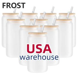 US CA Warehouse 16 oz tasse droite blanc sublimation givré clair gobelets en verre de café transparent avec couvercle en bambou et paille 0619
