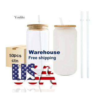 US CA Warehouse 16oz Mok rechtdoor lege sublimatie Frosted Clear Transparant Coffee Glass Cup Tumblers met bamboe -deksel en stro JN06 0514