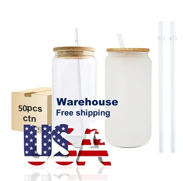 US CA Warehouse Taza de 16 oz Recta en blanco Sublimación Esmerilado Transparente Taza de café Vasos de vidrio con tapa de bambú y pajita JN06