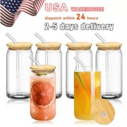 US CA magazijn 16oz Sublimatie Glas Bier Mokken met Bamboe Deksel Stro DIY Blanks Frosted Clear Can Shaped Tumblers Cups Heat Cocktail Iced Coffee Soda JN24