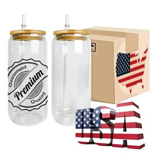 US/CA Warehouse 16oz Sublimation Glass Beer Muffen met bamboe deksel stro Diy lege plekken Fored Clear Can -vormige tumblers Cups warmteoverdracht