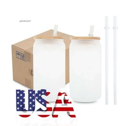 US CA Warehouse 16Oz Sublimation Tumblers Can Shaped Glass Mugs Clear Frosted Cups With Bamboo Lid 0326 0514
