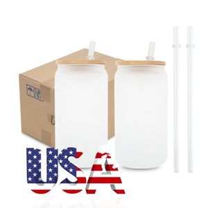 Los vasos de sublimación de 16 oz de EE. UU. CA Warehouse pueden tazas de vidrio en forma de tazas transparentes esmeriladas con tapa de bambú 0326