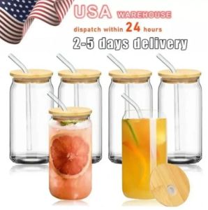 US CA Warehouse 2 Days Levering 16oz Sublimation Glan Can Tumbler Frosted Cola Can Bamboo Deksel Bier Cocktail Cup Whisky Coffee Mug Iced Tea Jar Mokken 819