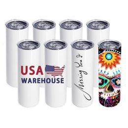 US CA Warehouse 20 oz Tazas Sublimación Espacios en blanco Tazas de café de doble pared Vasos rectos aislados de acero inoxidable con paja