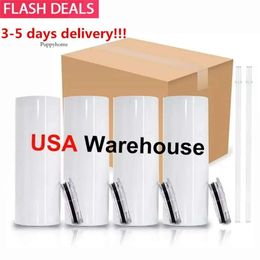 US CA Warehouse 20Oz Sublimation Straight With Straw Rubber Sole Stainless Steel Tumbler Coffee Water Bottle Shiny Cup 0516