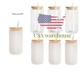 US/ CA Warehouse Coffee Soda 16oz Libby kan een bril vormgeven Frosted Clear Sublimation Beer Glass Cup met deksel en stro 1120 0514