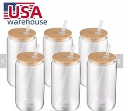 US CA Warehouse 16oz Mok rechtdoor lege sublimatie Frosted Clear transparante koffieglasbekerbekers met bamboe -deksel en stro