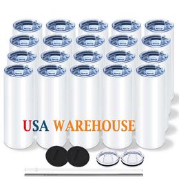 US/CA Warehouse roestvrijstalen geïsoleerde sublimatiemokken 20 oz rechte lege sublimatietumblers met stro en deksels 1212
