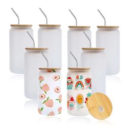 US CA Warehouse Sublimation Blanks latas de vidrio Taza de vaso esmerilado con tapas de bambú y pajitas para beber frascos para jugo DIY