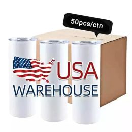 US / CA Warehouse Sublimation Blanks Tumblers 20oz Tazas rectas de acero inoxidable Vaso blanco con tapas y pajita Taza de transferencia de calor Botellas Regalos