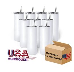 US / CA Warehouse Sublimation Blanks Tumblers 20oz Tazas rectas de acero inoxidable Vaso blanco con tapas y taza de regalo de transferencia de calor de paja