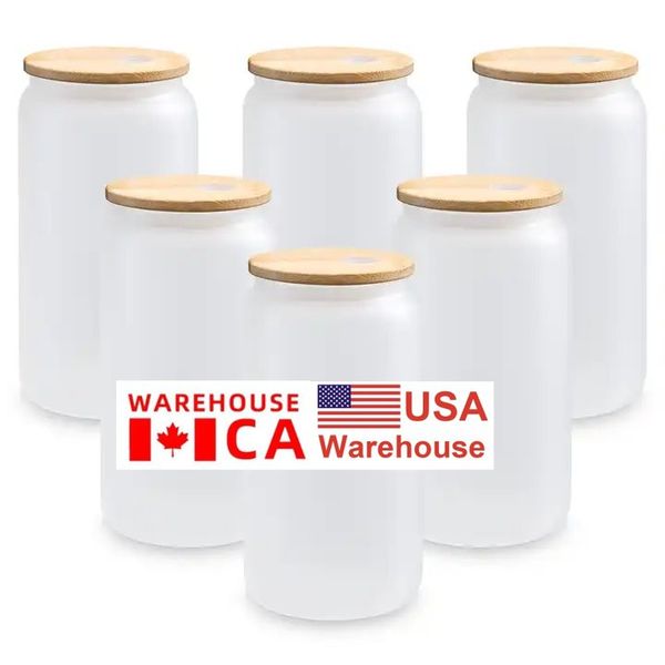 EE. UU. Canadá Loacl Abastecido 16 oz Copas de vino de vidrio Tazas para automóviles Sublimación Espacios en blanco Botellas de agua transparentes esmeriladas con tapa de bambú Paja reutilizable JN24