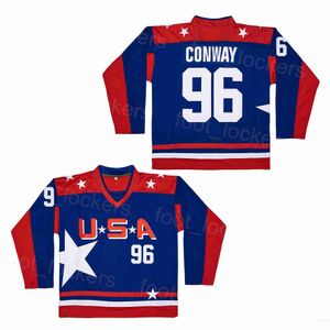 US College Hockey 96 Charlie Conway Moive Jerseys Mighty Team Blue Film -borduurwerk en naaien ademende universiteit Vintage voor sportfans Adem Retro High