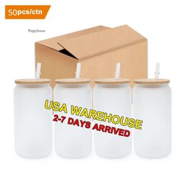 US Delivery 16Oz Glass Cup Blanks Bamboo Lid Frosted Sublimation Beer Can Tumbler Mason Jar Mug With Plastic Straw 0514