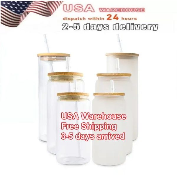 Livraison aux États-Unis 16 oz Verre Tumbler Blancs Droit Mason Jar Jus Tasses Tasses À Café Pour Sublimation DIY Tasses CA STOCKÉ