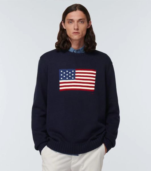 Chandail à tricoter US DesignerMen polos 2023 hiver bleu marine Drapeau des États-Unis col rond coton lâche pull décontracté mode rétro