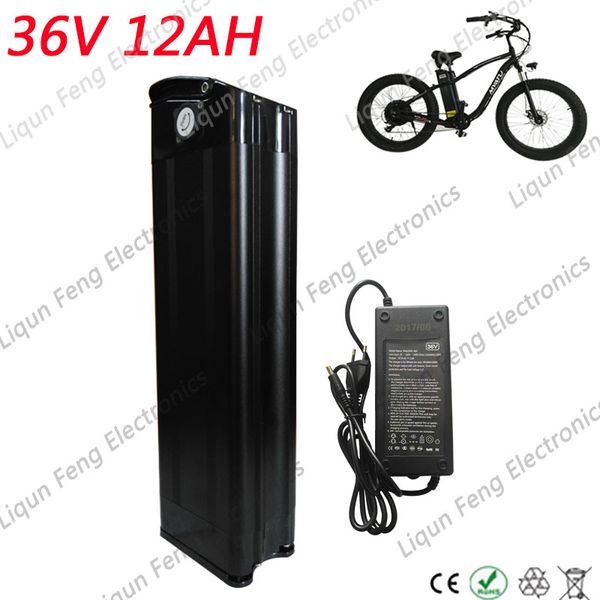 Bafang/8fun-Motor de rueda de 500W, batería de iones de litio para bicicleta eléctrica, color negro, pez plateado, sin impuestos, EE. UU., UE, 36V, 12AH, 12000MAh, envío de cargador.