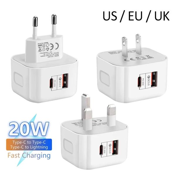 EE. UU./UE/Reino Unido USB C Charger para iPhone 14 13 Pro QC3.0 Cargo rápido PD 20W USB Tipo C Cargo rápido Adaptador de potencia de cargador de pared de viaje con embalaje minorista