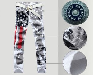 Jeans met Amerikaanse vlag en hoge stretch, slanke pasvorm, casual grote broek met vijfpuntsster, rode streep