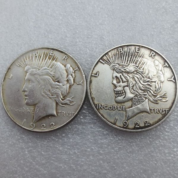 US face à face deux visages 1922 1922 Dollar de la paix crâne zombie squelette sculpté à la main copie Coins280G