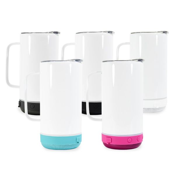 Almacén local de EE. UU. Vasos de altavoz de sublimación de 14 oz con asa taza de café blanca inalámbrica Bluetooth para cantar taza de música con aislamiento al vacío de acero inoxidable 25 piezas / caja