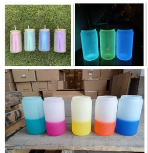 US Local Warehouse Gobelets en verre de 16 oz aux couleurs irisées avec couvercle en bambou brillent dans les couleurs de sublimation sombre givré verres glacière froide couleur changeante canette de bière au cola